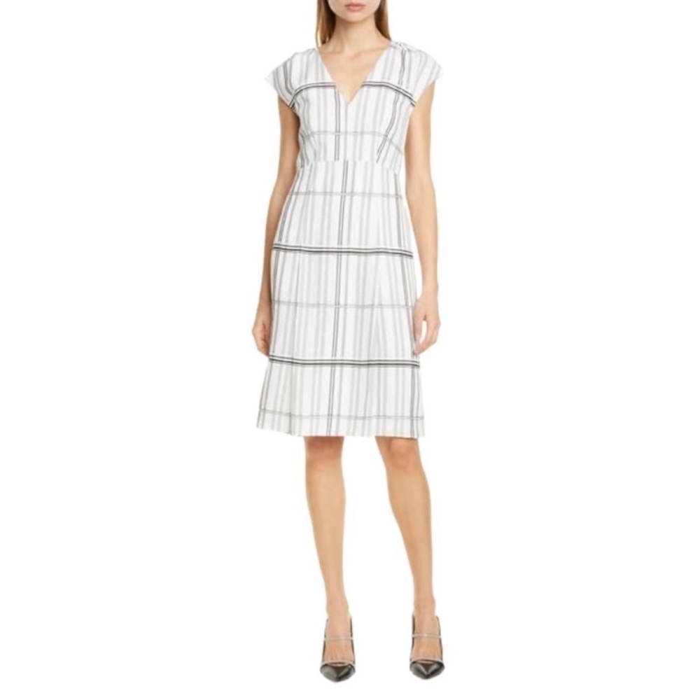 Lewit Linen Blend Grid Check Cap Sleeve Dress 10 Black Ivory